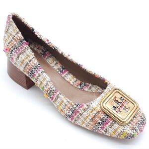 ONE SHOE ONLY Tory Burch Georgia Pumps Multi Tweed Size 7 Block Heel Logo